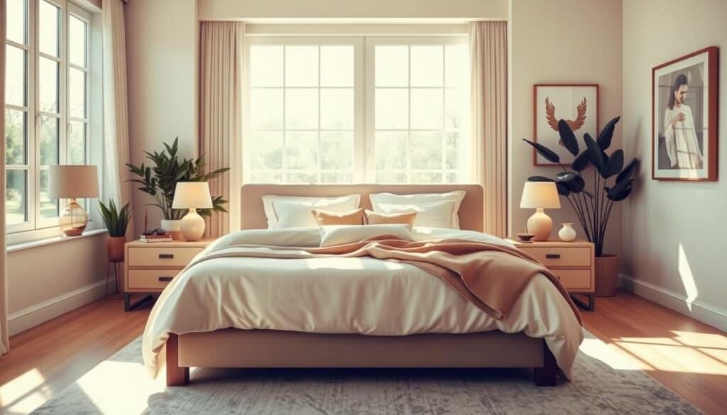Couples' bedroom design featuring a serene and tranquil atmosphere. In the foreground, a beautifully made king-sized bed with soft, neutral-toned linens, fluffy pillows, and a cozy throw blanket. The middle layer includes matching nightstands with elegant lamps casting soft, warm light, and a stylish rug that adds texture to the space. The background showcases large windows allowing bright natural light to flood the room, highlighting soft pastel wall colors and tasteful artwork. There are indoor plants placed tastefully around, contributing to a fresh and inviting ambiance. The overall mood is one of relaxation and shared tranquility, with a well-arranged layout that promotes comfort and harmony. The scene is illuminated with soft sunlight, creating a peaceful and airy feeling.