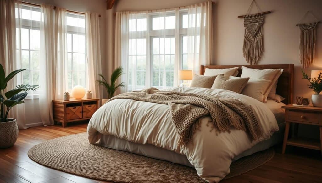 Cozy bedroom scene featuring a beautifully designed space that combines natural elements and decorative accents. In the foreground, a plush, oversized bed dressed in soft, cream-colored linens, adorned with a variety of textured throw pillows and a cozy knit blanket. A rustic wooden nightstand holds a softly glowing lamp and a small indoor plant. In the middle ground, a woven area rug adds warmth to the hardwood floor, complemented by a delicate hanging macramé wall art. The background showcases large windows draped with sheer curtains, allowing soft, natural light to flood the room. The atmosphere is serene and inviting, enhanced by dim, warm lighting for a snug effect. The overall composition captures a perfect balance of comfort and style in a modern yet rustic setting.