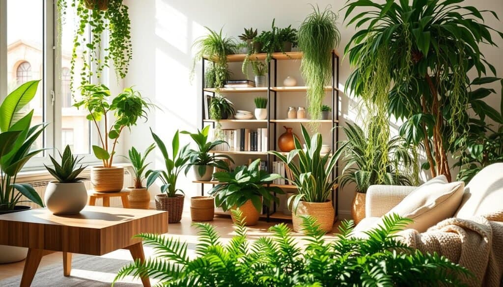 Lush indoor plants artfully arranged in a cozy living space, showcasing a variety of species including ferns, succulents, and trailing vines. In the foreground, a stylish wooden coffee table adorned with a ceramic pot and a soft, textured throw blanket enhances the inviting atmosphere. The middle ground features a large window allowing bright, natural light to flood the room, casting gentle shadows on a minimalist bookshelf filled with curated books and decorative objects. In the background, a soft, neutral-colored wall complements the greenery, creating a harmonious aesthetic. The composition captures a tranquil and airy vibe, promoting relaxation and comfort, with a focus on the interplay of light and foliage. Ideal for an inspiring home decor scene, shot with a warm lens to enhance the soothing colors and textures.