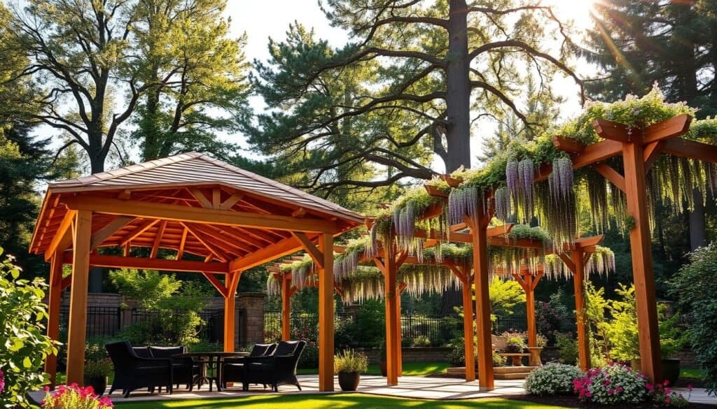 Lush outdoor setting featuring beautifully crafted shade structures made of natural wood, situated in a garden filled with vibrant greenery and blooming flowers. In the foreground, a rustic gazebo with an intricately designed wooden roof provides shelter, accompanied by stylish patio furniture. The middle ground showcases a series of pergolas draped with climbers like wisteria, casting playful shadows on the ground below. In the background, tall trees frame the scene, absorbing soft, golden sunlight that filters through leaves, creating a warm and inviting atmosphere. The image is captured from a slightly elevated angle, showcasing depth and perspective, emphasizing the existence of tranquility, comfort, and functional outdoor living.