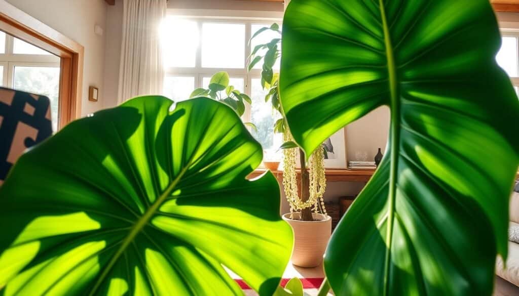Lush statement plants positioned prominently in a beautifully designed living room. In the foreground, a large monstera leaf fills the frame, showcasing its intricate, vibrant green foliage. In the middle ground, a tall fiddle leaf fig tree stands in a stylish ceramic pot, adding height and elegance, while a string of pearls plant cascades gently over a rustic wooden shelf. The background reveals soft sunlight streaming through large, airy windows, illuminating the room with a warm glow and casting gentle shadows. The overall atmosphere is inviting and revitalizing, evoking a sense of comfort and liveliness. The room is decorated with wooden accents and tastefully chosen décor that harmonizes with the natural elements. Use a wide-angle lens to capture the fullness of the space, emphasizing depth and layering while enhancing the tranquil mood.