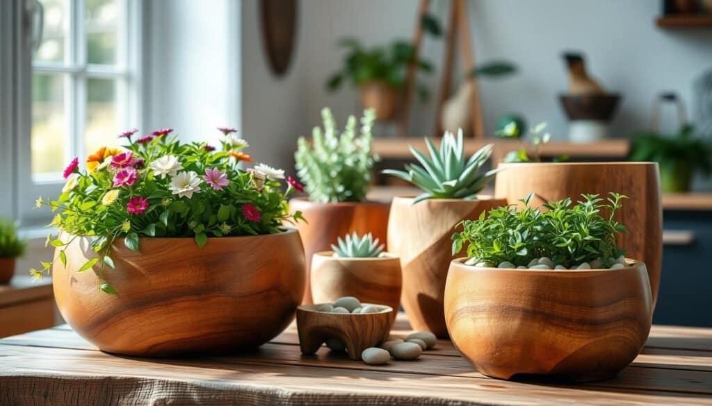 Natural wood planters arranged artistically on a rustic wooden table, showcasing various sizes and shapes, each meticulously crafted from rich, warm-toned wood with smooth finishes. The foreground features a couple of large planters overflowing with vibrant green foliage and colorful flowers, drawing the eye. In the middle ground, smaller containers display more delicate succulents and herbs, each nestled among natural pebbles. The background is softly blurred, hinting at a sunlit indoor garden space with gentle sunlight filtering through a nearby window, creating dappled shadows. The atmosphere is serene and inviting, evoking a sense of harmony between nature and home décor, with bright, airy lighting enhancing the beauty of the wood textures.