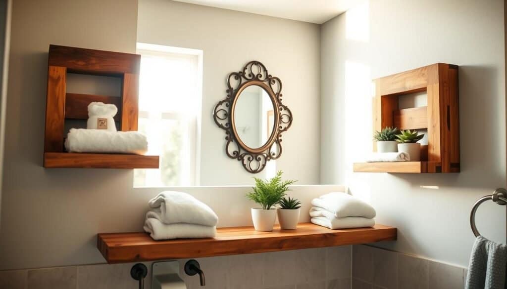 Pallet wood bathroom shelves are the focal point of a cozy, rustic bathroom scene. In the foreground, showcase two beautifully constructed shelves made from reclaimed pallets, adorned with neatly arranged towels and small potted plants, enhancing a sense of warmth. The middle section features a vintage-style mirror reflecting soft, natural light that spills through a nearby window, illuminating the shelves and creating a welcoming atmosphere. The background includes light pastel-colored walls, adding a calming element to the image. Capture this scene with a wide-angle lens to emphasize depth and detail, with soft sunlight filtering in, casting gentle shadows that enhance the textures of the wood. The overall mood should evoke serenity and the joy of DIY craftsmanship.