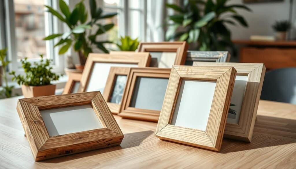 Rustic wood picture frames are arranged artfully on a light wood table, showcasing their natural grain and texture. The foreground features a close-up of a weathered frame with a warm, inviting color palette, highlighting the knots and imperfections that tell a story. In the middle, several frames of varying sizes are stacked playfully, some leaning against each other, while a few display unframed art or photography. The background is softly blurred, with hints of greenery from potted plants, creating an airy and serene atmosphere. Bright natural light floods in from a nearby window, casting gentle shadows and illuminating the surfaces with a warm glow. The mood is calm and inviting, perfect for DIY inspiration on a quiet evening.