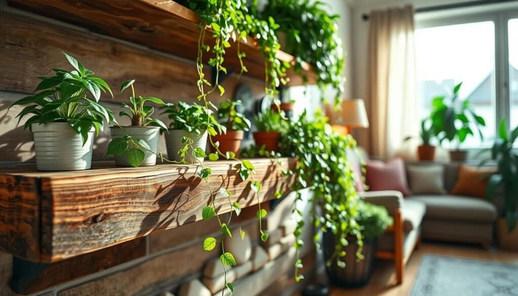 Rustic wooden shelves filled with vibrant green plants, showcasing a mix of trailing and potted varieties. In the foreground, a beautifully weathered shelf made from reclaimed wood, complete with natural imperfections and knots, creating a characterful focal point. In the middle ground, various plants arranged thoughtfully, with cascading vines adding depth and texture. The background features a softly blurred living room setting with warm, cozy tones, hinting at a tranquil, inviting atmosphere. Bright natural light filters through a nearby window, illuminating the scene with a gentle glow, enhancing the rustic charm. The angle captures the shelves from a slightly elevated perspective, revealing both the variety of plants and the unique shelf design.