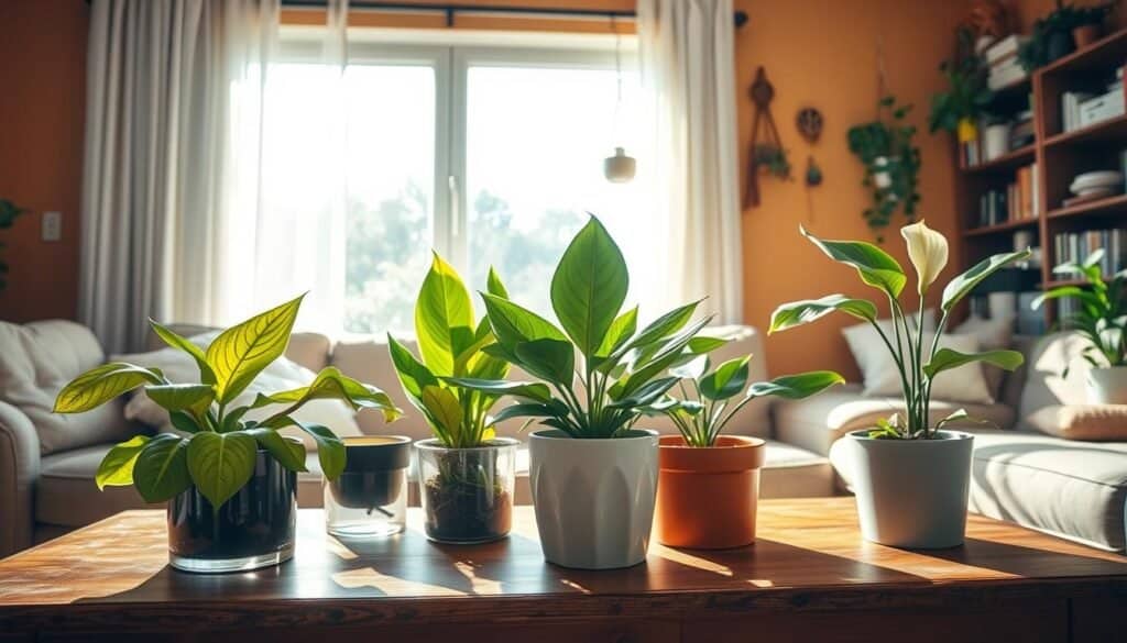 Scene depicting common plant mistakes in a cozy living room. Foreground features a brown wooden coffee table with wilted plants in mismatched pots, overwatering evident in one pot with yellowing leaves. Middle layer showcases a large, sunny window with sheer curtains, casting soft sunlight on a grouping of plants, including a snake plant with dusty leaves and a peace lily struggling against too much shade. Background reveals warm walls adorned with poorly hung plant hangers and a cluttered bookshelf. The mood is a blend of gentle warmth and gentle disappointment, emphasizing how neglect and misplacement can hinder indoor plant aesthetics. Photographed in bright natural light, with a focus on the interplay of sunlight and shadows, aiming for an airy and well-lit atmosphere.