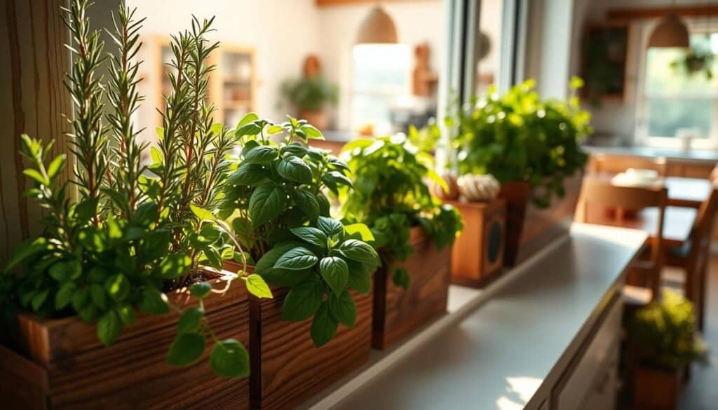 Window sill adorned with lush herb arrangements in rustic wooden planters, featuring rosemary, basil, and mint. In the foreground, a close-up of the vibrant greenery and textured wood grain of the planters, bathed in soft, warm sunlight filtering through the window. The middle ground showcases a well-organized kitchen environment with hints of a cozy, inviting dining area, including rustic wood accents and neutral-toned decor. In the background, a gentle view of nature outside the window, adding to the tranquility of the scene. The atmosphere is bright, airy, and serene, conveying a perfect blend of functional plant styling and natural wood elements in a harmonious home setting, captured with a slightly elevated angle for depth.