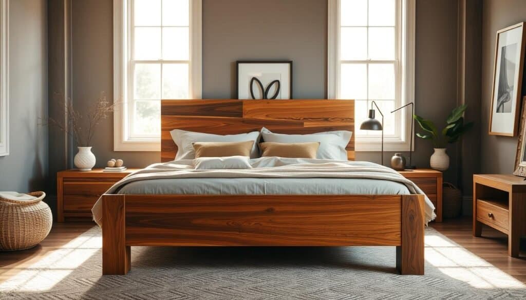 Wooden bed frames displayed prominently in a cozy, inviting bedroom setting. In the foreground, a beautifully crafted wooden bed frame with a stylish headboard made of reclaimed wood, showcasing rich grain patterns and warm tones. The bedding features neutral colors with plush pillows, enhancing the comfort of the scene. In the middle, soft sunlight filters through large windows, illuminating the room and creating gentle shadows, contributing to a serene atmosphere. The background features minimalist décor, like a small nightstand and tasteful artwork, emphasizing a clutter-free environment. The overall mood should evoke warmth and tranquility, ideal for a restful retreat. Use a wide-angle lens to capture the entire room, ensuring bright, natural lighting enhances the wooden textures and cozy ambiance.