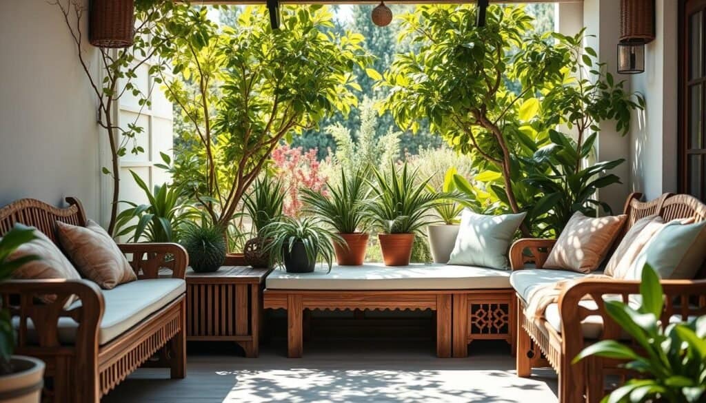 Wooden corner seating solutions designed for tranquil outdoor spaces, showcasing creatively arranged wooden benches and cushions in a cozy corner setup. The foreground features intricately crafted wooden seating with soft, comfortable upholstery, inviting relaxation. In the middle ground, lush greenery and potted plants create a serene backdrop, while soft sunlight filters through the leaves, casting gentle shadows. The background displays a hint of a beautifully landscaped garden or patio, enhancing the inviting atmosphere. The scene is bright and airy, evoking a sense of peacefulness and creativity. Capture the essence of outdoor comfort and style with a focus on natural textures and harmonious design elements.