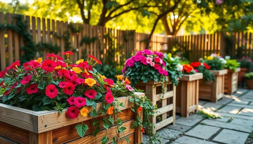 Wooden planters overflowing with vibrant flowers and lush greenery, arranged neatly in a cozy outdoor garden setting. In the foreground, a rustic wooden planter box is filled with colorful petunias and trailing vines, showcasing fine craftsmanship with smooth edges and a weathered finish. In the middle ground, several other wooden planters of varying heights, all handcrafted and unique, are adorned with seasonal blooms, creating a welcoming vibe. The background features a soft-focus view of a sun-drenched garden, with a blurred fence and a canopy of leafy trees filtering warm, golden sunlight. The atmosphere is serene and inviting, embodying a peaceful outdoor retreat, captured with a wide-angle lens to emphasize depth and perspective.