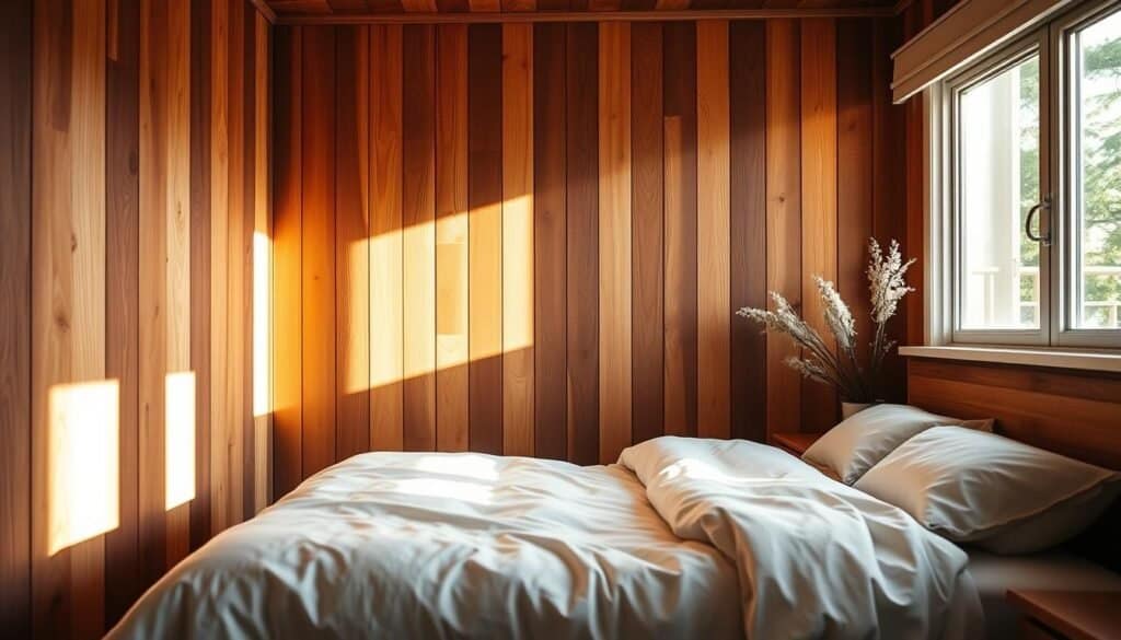 Wooden wall panels made from rich, warm-toned hardwoods, featuring a mix of vertical and horizontal planks that create a visually appealing texture. In the foreground, a softly lit cozy bedroom with a neatly made bed, adorned with light, airy bedding that complements the wood tones. In the middle, the stunning wooden panels serve as a focal point, creating a sense of visual expansion. Sunlight filters through a nearby window, casting gentle shadows that enhance the natural beauty of the wood grain. The background displays a delicate arrangement of plants and minimalist décor that adds to the serene, uncluttered atmosphere. The overall mood is inviting and tranquil, showcasing how wooden wall panels can transform a small space into an expansive haven.