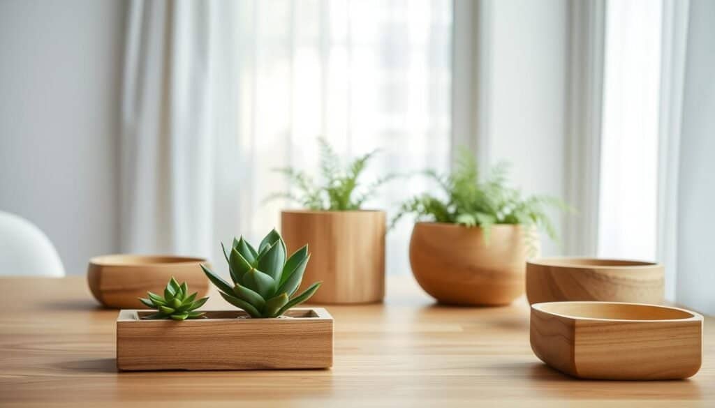 minimalist wood planter ideas, showcasing a collection of sleek, natural wood planters in various shapes and sizes. In the foreground, a simple rectangular planter made from unfinished oak holds a small succulent, its green leaves contrasting beautifully with the warm wood tones. The middle ground features a round planter crafted from light bamboo, elegantly displaying a cluster of delicate ferns. In the background, soft sunlight filters through sheer curtains, illuminating the scene in a cozy, airy atmosphere. The setting is a minimalist indoor space, with neutral-toned walls and a wooden tabletop, enhancing the natural aesthetic. The lighting is bright yet soft, creating a calm and inviting mood, captured from a slightly angled perspective to evoke depth.