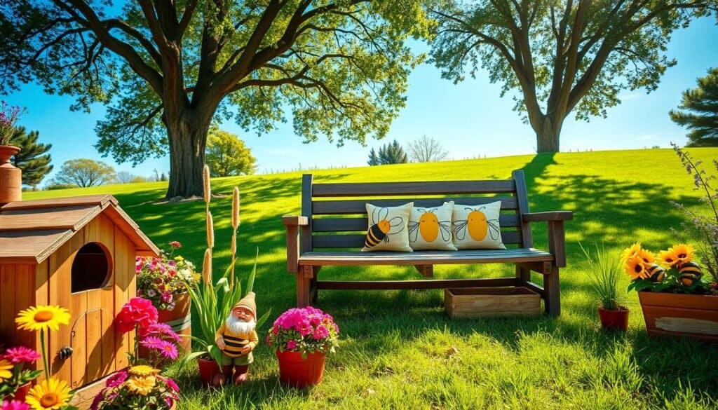 A beautiful bee-themed garden decoration scene, showcasing a cozy backyard filled with whimsical DIY projects. In the foreground, a handcrafted wooden bee hotel and vibrant flower pots overflowing with colorful blooms attract curious bees. In the middle, a rustic wooden bench adorned with cheerful bee-patterned cushions invites relaxation, surrounded by carefully arranged garden gnomes decorated as bees. The background features a lush, green lawn under a bright, blue sky, with soft sunlight creating a warm and inviting atmosphere. The angle captures the essence of a serene garden retreat, emphasizing natural light filtering through trees, enhancing the cheerful and lively mood of the space.