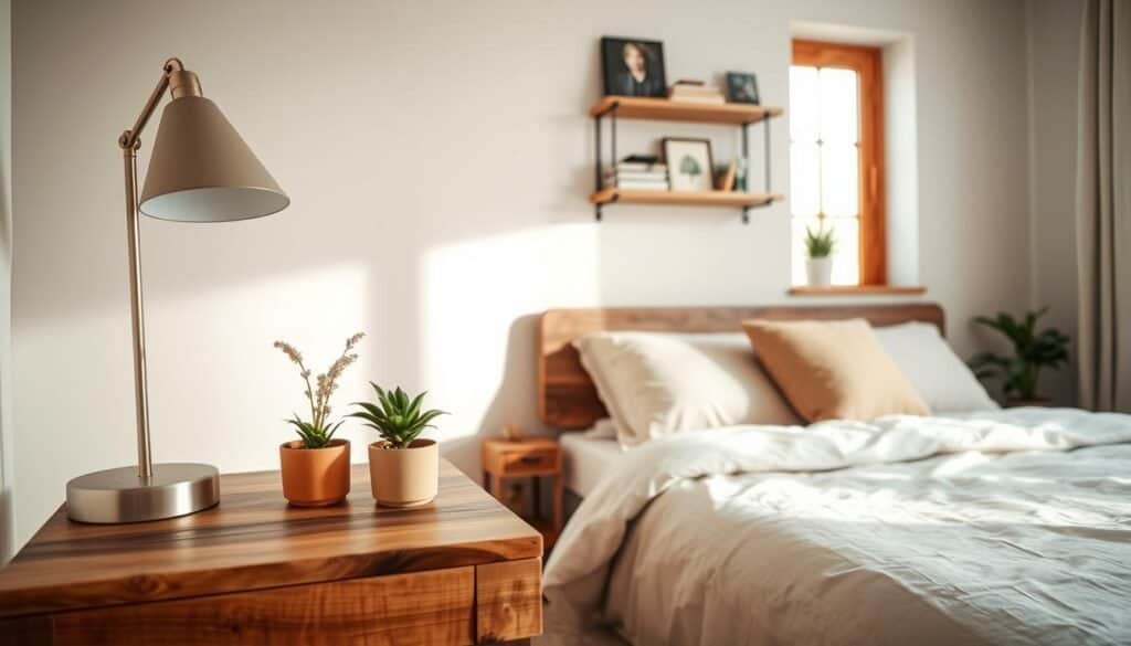 A beautifully arranged DIY bedroom project scene, showcasing a cozy, stylish space with handmade elements. In the foreground, a wooden bedside table crafted from reclaimed wood, adorned with a small potted plant and an elegant lamp. The middle section features a carefully made bed with soft, neutral-toned linens and a few plush pillows, conveying comfort. A unique wall shelf displays a collection of art and books, with personal touches like framed photos. In the background, a window allows soft, natural light to flood the room, enhancing the airy atmosphere. The overall mood is inviting and serene, highlighting practicality and aesthetic appeal in bedroom design. Capture this scene with a wide-angle lens to emphasize depth and the interaction of light in the space.