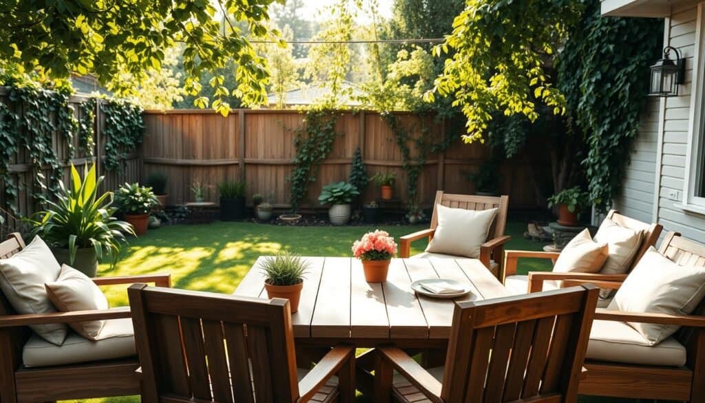 A beautifully arranged DIY outdoor furniture setup in a serene backyard. In the foreground, a rustic wooden table surrounded by comfortable chairs, adorned with soft cushions in earthy tones. The middle ground features a lush green lawn and potted plants, creating a cozy ambiance. In the background, a fence covered with climbing vines and soft sunlight spilling through leafy branches, providing a warm glow. The scene is captured with a wide-angle lens to encompass the inviting space, with bright natural light enhancing the textures of the wood and the colors of the plants. The mood is relaxed and inviting, showcasing simple yet elegant outdoor living solutions that harmonize with nature.