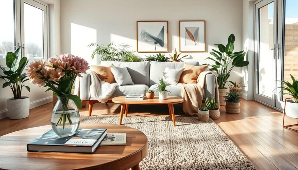 A beautifully arranged aesthetic room decor showcasing a cozy living space. In the foreground, a wooden coffee table adorned with a minimalistic vase of fresh flowers and a few stylish coffee books. In the middle, a plush, textured area rug that adds warmth underfoot, paired with a mid-century modern sofa draped with soft, pastel throw blankets. Surrounding the sofa are various houseplants in decorative pots, creating a lush, inviting atmosphere. In the background, large windows allow bright natural light to flood the room, casting soft shadows and enhancing the airy feel. The walls are painted in soothing, muted tones, accented with framed art pieces that add personality. Capture the scene using a bright, soft sunlight setting with a wide-angle lens to emphasize the spaciousness and tranquility of the room.