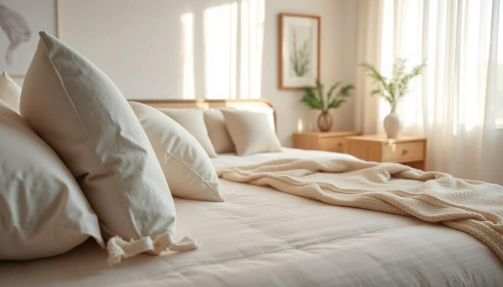 A beautifully arranged bedroom featuring high-quality bedding in soft, neutral tones, with plush pillows and a cozy throw blanket draped elegantly across the end of the bed. The foreground showcases intricate details of textured fabrics, while the middle ground reveals a well-made bed set against a softly painted wall, enhanced by delicate wooden bedside tables. In the background, natural light floods the space through sheer curtains, creating a warm and welcoming atmosphere. The scene is illuminated by soft sunlight, casting gentle shadows and highlighting the serene design elements, such as a small indoor plant and an exquisite piece of artwork. The overall mood is tranquil and inviting, perfect for a peaceful retreat.