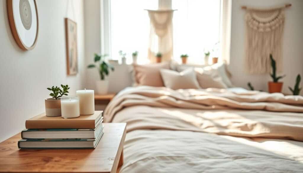 A beautifully arranged bedroom showcasing aesthetic DIY decor projects. In the foreground, a wooden bedside table displays a small potted plant, handmade candles, and a stack of artfully arranged books. The middle ground features a cozy bed adorned with soft, textured throws and decorative cushions in pastel colors, harmonizing with a macramé wall hanging. In the background, a soft, airy window allows gentle sunlight to illuminate the space, casting warm, inviting shadows throughout the room. Add subtle hints of indoor plants for a calming vibe, all set in a well-lit atmosphere that promotes relaxation and creativity. The perspective is slightly elevated, captured in sharp focus with a wide-angle lens to emphasize the spaciousness and comfort of this serene environment.