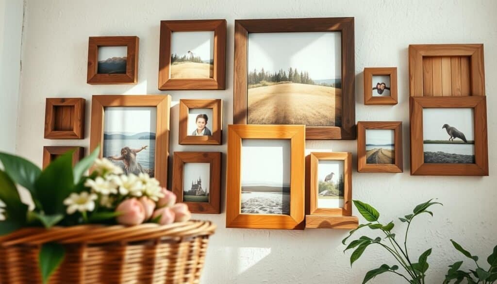 A beautifully arranged collection of rustic wooden picture frames, showcasing a variety of sizes and finishes, displayed on a light-colored, textured wall. The frames, featuring natural wood grains and charming imperfections, hold warm-toned family photographs and scenic landscapes. In the foreground, a soft, woven basket complements the display, filled with fresh flowers. The middle ground captures the frames in perfect detail, illuminated by bright, natural sunlight pouring in through a nearby window, casting gentle shadows that enhance the textures. In the background, a hint of greenery from houseplants peeks in, adding a touch of life to the scene. The overall atmosphere is warm, inviting, and effortlessly stylish, embodying a cozy home environment rich in personal touches.