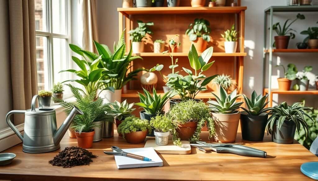 A beautifully arranged indoor plant care schedule, featuring a wooden table adorned with vibrant potted plants, tools, and a notebook. In the foreground, a watering can and pruning shears rest beside some fresh soil and a few plant labels. The middle layer includes a variety of lush green plants, such as ferns, succulents, and a snake plant, all thriving in natural light. The background showcases warm wooden shelves displaying additional plants and decorative wooden elements, enhancing the natural decor theme. Soft sunlight filters through a nearby window, casting gentle shadows and creating a cozy, inviting atmosphere. The scene evokes a sense of tranquility, emphasizing the care and nurturing needed for lasting green displays in home decor.