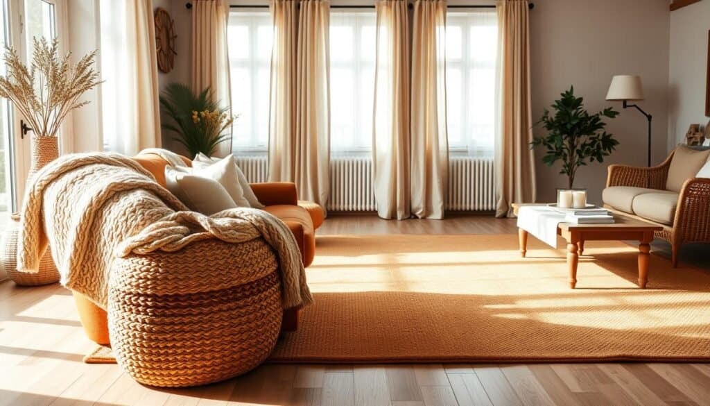 A beautifully arranged living room featuring an inviting selection of cozy textiles. In the foreground, a plush knitted throw drapes over a soft, inviting armchair in rich earthy tones, while a textured woven basket holds neatly folded cushion covers nearby. In the middle, a large, warm-toned area rug anchors the space, complemented by an elegant coffee table adorned with a soft linen runner and candles. The background showcases light, airy curtains gently framing a window, allowing bright natural sunlight to filter through, adding warmth to the scene. The overall atmosphere is comfortable and serene, ideal for a timeless living room environment. The image should capture the essence of comfort and coziness, with a focus on texture and natural light.