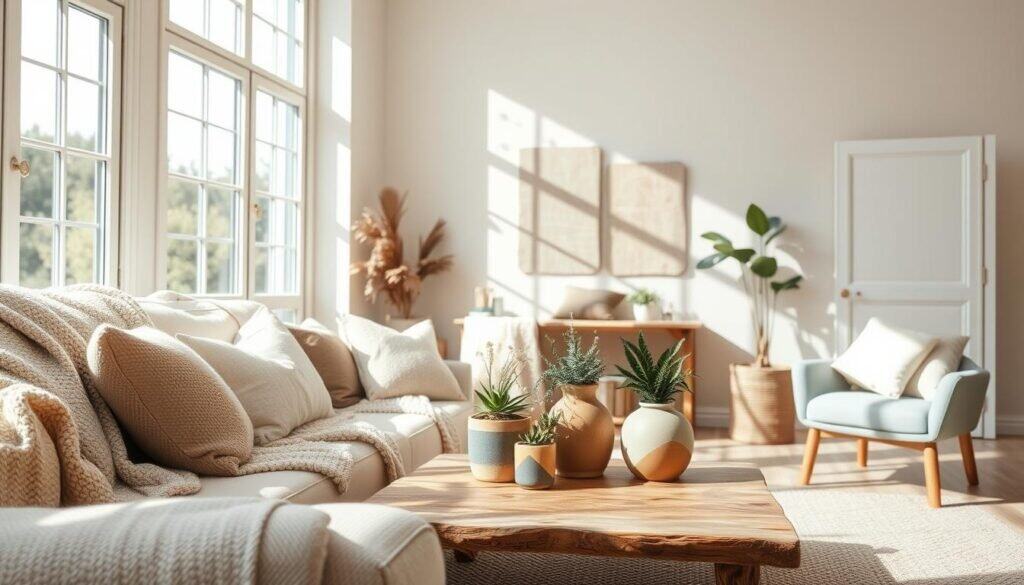 A beautifully arranged living room scene that showcases cozy color palettes, featuring soft, earthy tones like muted greens, gentle browns, warm creams, and soft blues. In the foreground, a plush, inviting sofa draped with textured throws and accent cushions in these colors. The middle ground includes a rustic wooden coffee table adorned with a few potted plants and a stylish ceramic vase. In the background, large windows allow bright, airy natural light to pour in, casting soft shadows across the space. The atmosphere feels warm and inviting, promoting a sense of calm and relaxation. The image is well-lit with soft sunlight, creating a serene ambiance and highlighting the earthy textures and colors in this harmonious living space. A beautifully arranged living room scene that showcases cozy color palettes, featuring soft, earthy tones like muted greens, gentle browns, warm creams, and soft blues. In the foreground, a plush, inviting sofa draped with textured throws and accent cushions in these colors. The middle ground includes a rustic wooden coffee table adorned with a few potted plants and a stylish ceramic vase. In the background, large windows allow bright, airy natural light to pour in, casting soft shadows across the space. The atmosphere feels warm and inviting, promoting a sense of calm and relaxation. The image is well-lit with soft sunlight, creating a serene ambiance and highlighting the earthy textures and colors in this harmonious living space.