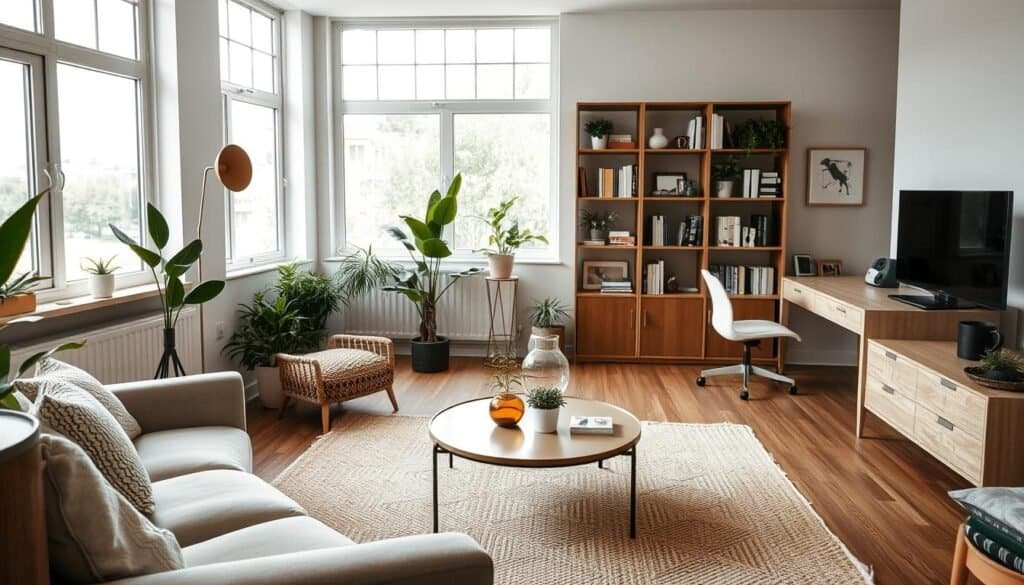 A beautifully arranged living room showcasing a balance of functionality and aesthetics. In the foreground, a cozy seating area with a stylish sofa and a minimalist coffee table, both thoughtfully placed for comfort and accessibility. In the middle ground, a well-organized bookshelf and tasteful decorative plants contribute to the room’s atmosphere, while a functional workspace with a modern desk illustrates practicality. The background features large windows that allow soft, bright natural light to flood the space, highlighting the airy ambiance. The decor is inviting yet uncluttered, with warm neutral tones. The mood is serene and harmonious, encouraging viewers to consider the purpose of each element in the room. The scene is captured with a wide-angle lens to emphasize spatial relationships.