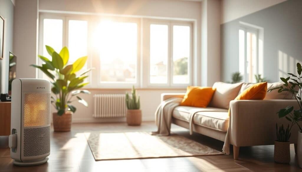 A beautifully arranged living room showcasing a comfortable and inviting atmosphere, highlighting improvements in temperature and air quality. In the foreground, a modern air purifier emits soft, glowing light, symbolizing clean air. The middle ground features a cozy sofa with bright cushions and a lightweight throw blanket, with a large leafy indoor plant nearby that enhances air quality. In the background, a set of large windows invites bright natural light, casting gentle beams throughout the room. The scene is bathed in soft sunlight, creating an airy and well-lit environment. The overall mood is tranquil and harmonious, evoking a sense of comfort and wellness in the space. Opt for a wide-angle view to capture the room's inviting essence.