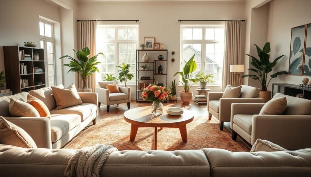 A beautifully arranged living room showcasing a natural flow, designed for conversation. In the foreground, a plush, neutral-toned sofa faces a round wooden coffee table, surrounded by cozy armchairs with soft fabrics. On the table, a vase of fresh flowers adds a pop of color. The middle ground features an airy layout, with a warm area rug that defines the seating area, while a sleek bookshelf and indoor plants provide visual interest. In the background, large windows invite soft, filtered sunlight, illuminating the space and creating a welcoming atmosphere. The scene is captured with a wide-angle lens to emphasize the spaciousness, evoking a sense of comfort and ease in this stylish living arrangement. A beautifully arranged living room showcasing a natural flow, designed for conversation. In the foreground, a plush, neutral-toned sofa faces a round wooden coffee table, surrounded by cozy armchairs with soft fabrics. On the table, a vase of fresh flowers adds a pop of color. The middle ground features an airy layout, with a warm area rug that defines the seating area, while a sleek bookshelf and indoor plants provide visual interest. In the background, large windows invite soft, filtered sunlight, illuminating the space and creating a welcoming atmosphere. The scene is captured with a wide-angle lens to emphasize the spaciousness, evoking a sense of comfort and ease in this stylish living arrangement.
