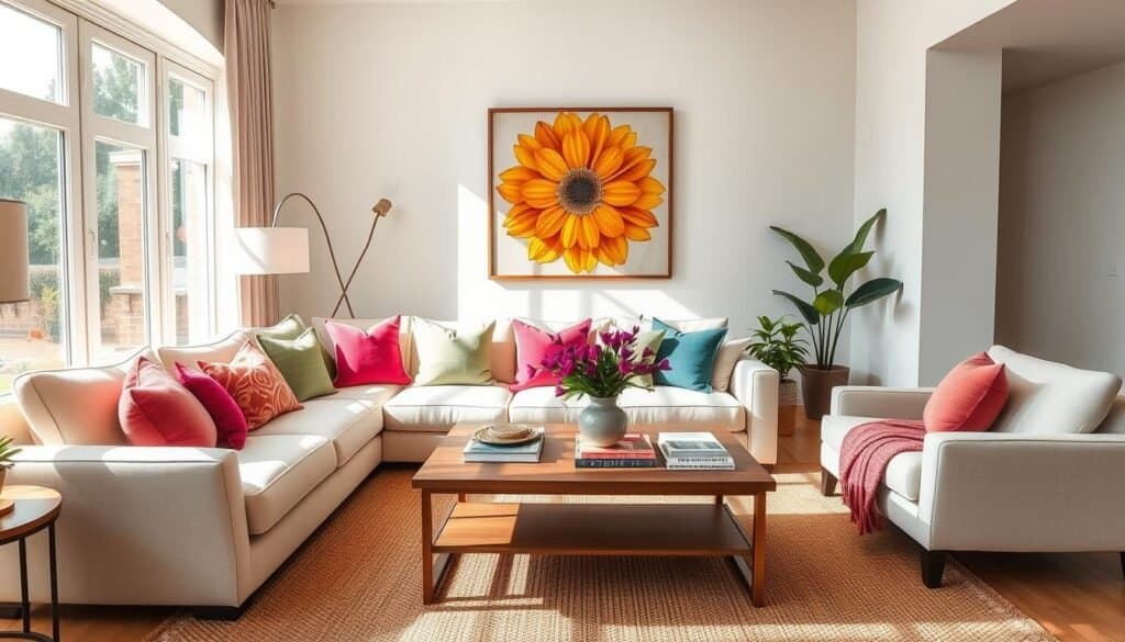 A beautifully arranged living room showcasing a strong focal point that anchors the space. In the foreground, a stylish, oversized cream sofa adorned with vibrant throw pillows creates a cozy seating area. The middle features an elegant wooden coffee table with decorative books and a vase of fresh flowers, complementing the sofa. A striking piece of wall art hangs prominently in the background, highlighting the room's color scheme. The scene is bathed in bright, natural light streaming through large windows, creating soft shadows and an airy atmosphere. The decor includes potted plants and a warm, textured rug that ties the space together. The overall mood is welcoming and balanced, emphasizing a harmonious living environment.
