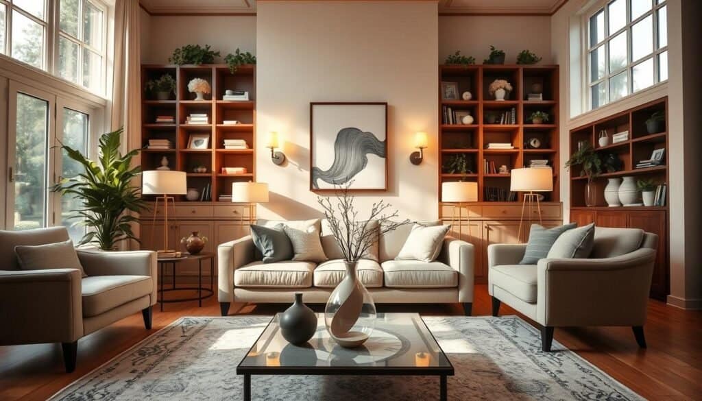 A beautifully arranged living room showcasing balanced lighting layers, featuring soft, natural sunlight streaming through large windows. In the foreground, a stylish coffee table with an elegant vase and a few decorative objects. The middle layer includes plush seating with neutral-colored upholstery, strategically placed to invite conversation, surrounded by warm floor lamps that emit a gentle glow. In the background, built-in bookshelves filled with greenery and well-organized decor, enhancing the room's warmth. The atmosphere feels airy and inviting, with a harmonious blend of bright and soft lighting illuminating the space evenly. Use a wide-angle lens to capture the entire room, creating a sense of spaciousness and comfort.