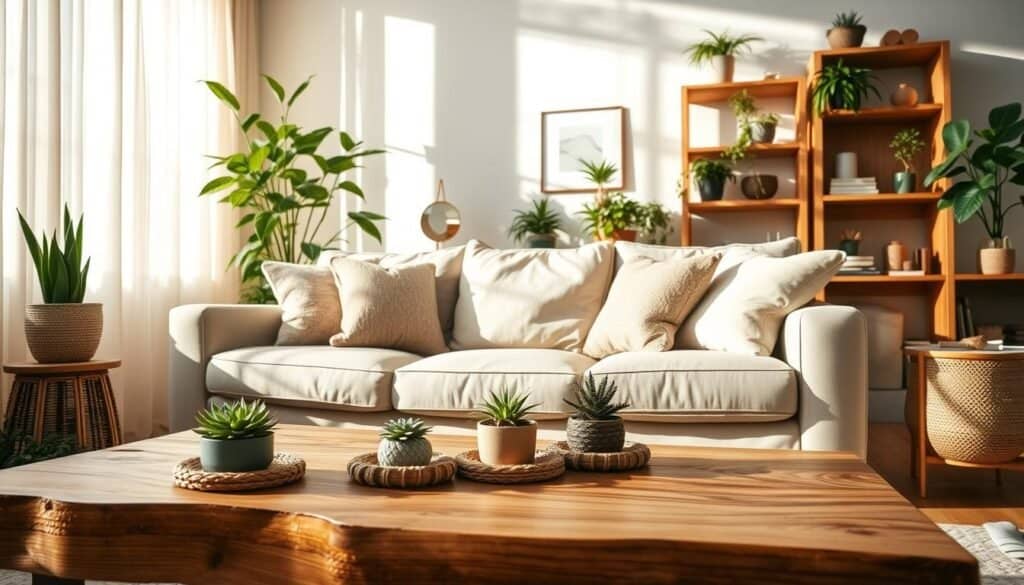 A beautifully arranged living room showcasing natural home decor ideas. In the foreground, a rustic wooden coffee table adorned with small potted plants and woven coasters. The middle features a plush, light-colored sofa with textured throw pillows in muted, earthy tones. A large indoor plant flourishes beside the couch, casting gentle shadows on the wall. In the background, warm sunlight filters through sheer curtains, highlighting a wooden bookshelf filled with decorative items and greenery. The overall atmosphere is serene and inviting, reflecting a harmonious blend of wood and plants, with an airy feel created by bright natural light and soft sunlight. The scene is captured from a slightly elevated angle to emphasize the depth and layers of decor elements.