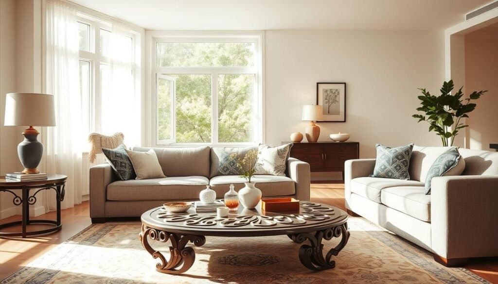 A beautifully arranged living room showcasing the principles of furniture scale and proportion. In the foreground, a stylish sofa, perfectly sized for the space, complements an intricately designed coffee table. In the middle ground, a well-placed armchair harmonizes with decorative elements, ensuring a balanced layout. The background features a large window, inviting soft, natural light that illuminates the room and highlights the textures of the furniture. A neutral color palette enhances the airy atmosphere, with soft shadows adding depth. Capture this scene with a warm, inviting feel, using a wide-angle lens to emphasize the spaciousness and proportionate placement of each piece, ensuring the image is clean and professional without any text or distractions.