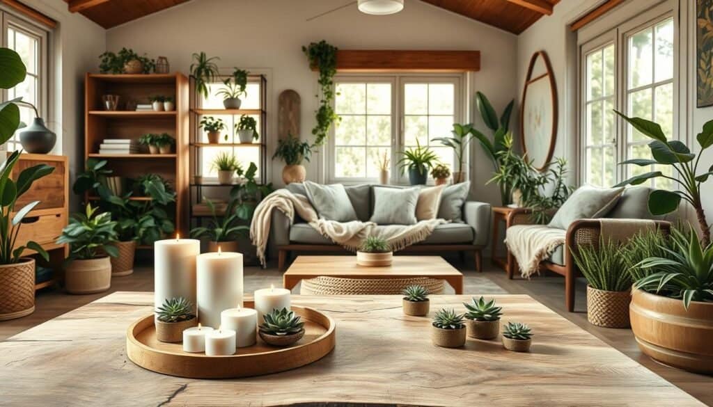 A beautifully arranged living space showcasing sustainable decor, featuring reclaimed wood furniture and an array of vibrant indoor plants. In the foreground, a rustic wooden coffee table displays a collection of eco-friendly candles and small potted succulents. The middle ground highlights a comfortable sofa draped with natural fiber throws and cushions, alongside a minimalist wooden bookshelf adorned with more greenery. In the background, large windows invite soft, warm sunlight, creating an airy atmosphere filled with natural light. The scene conveys a serene and inviting mood, emphasizing the harmony between nature and decor. The image should capture a realistic, well-composed aesthetic with bright lighting, ensuring every detail reflects a timeless, sustainable lifestyle.