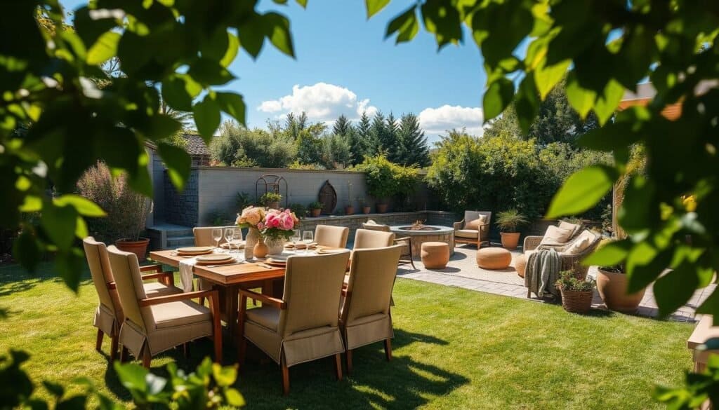 A beautifully arranged outdoor dining area set in a lush backyard, featuring a rustic wooden table surrounded by comfortable upholstered chairs. The table is elegantly set with neutral-toned tableware and fresh flowers, reflecting a warm and inviting atmosphere. In the foreground, soft sunlight filters through green leaves, casting dappled shadows on the ground. In the middle ground, you can see a cozy lounge area with a fire pit, cozy throws draped over the chairs, and tasteful potted plants that add vibrancy. The background reveals a clear blue sky, with a few fluffy clouds, enhancing the serene ambiance. The scene is captured in bright, natural light, conveying an essence of relaxation and comfort, inviting viewers to envision themselves in this inviting space.