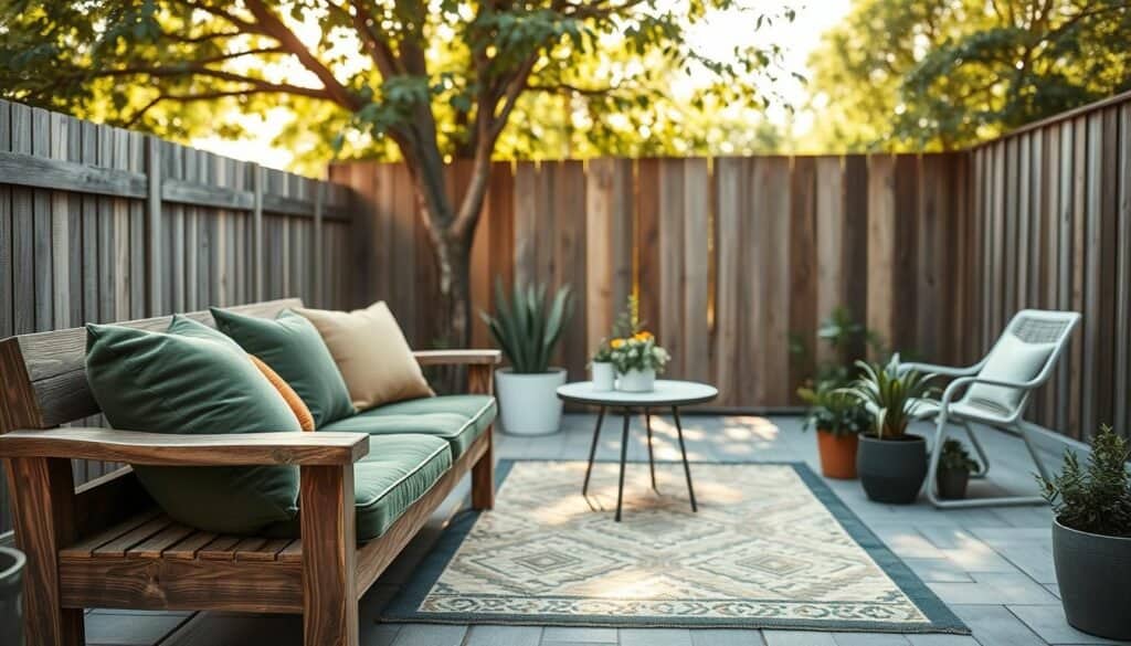 A beautifully arranged outdoor seating area designed for comfort and weather resistance. In the foreground, a cozy, rustic wooden bench with thick, soft cushions covered in fade-resistant fabric, showcasing shades of deep green and warm beige. The middle ground features a stylish outdoor rug, adding texture, complemented by potted plants and a small, chic table designed for durability. In the background, a softly blurred fence made from weather-treated wood provides privacy, while trees setup a serene, natural atmosphere. The scene is illuminated by soft, golden sunlight filtering through foliage, casting gentle shadows, perfect for a relaxed vibe. The composition is shot from a slightly elevated angle to capture the entire arrangement, creating an inviting and airy feel.