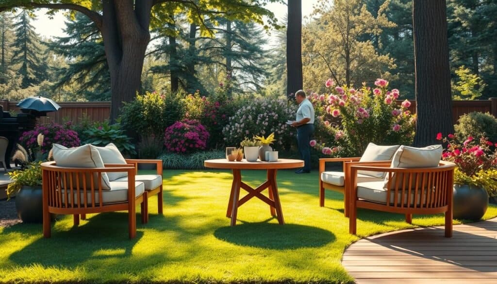 A beautifully arranged outdoor seating area designed for social interaction, set in a lush backyard. In the foreground, a round wooden table surrounded by four comfortable, cushioned chairs, all in neutral tones. Fresh plants and small decorative items on the table add a welcoming touch. The middle ground features a soft, grassy lawn, transitioning into a wood deck area, inviting conversation. In the background, tall trees and vibrant flowering shrubs create a serene backdrop under bright, natural light with soft sunlight filtering through, enhancing the inviting atmosphere. The scene is captured from a slightly elevated angle, showcasing the layout's openness and promoting a sense of relaxation and comfort, ideal for social gatherings.