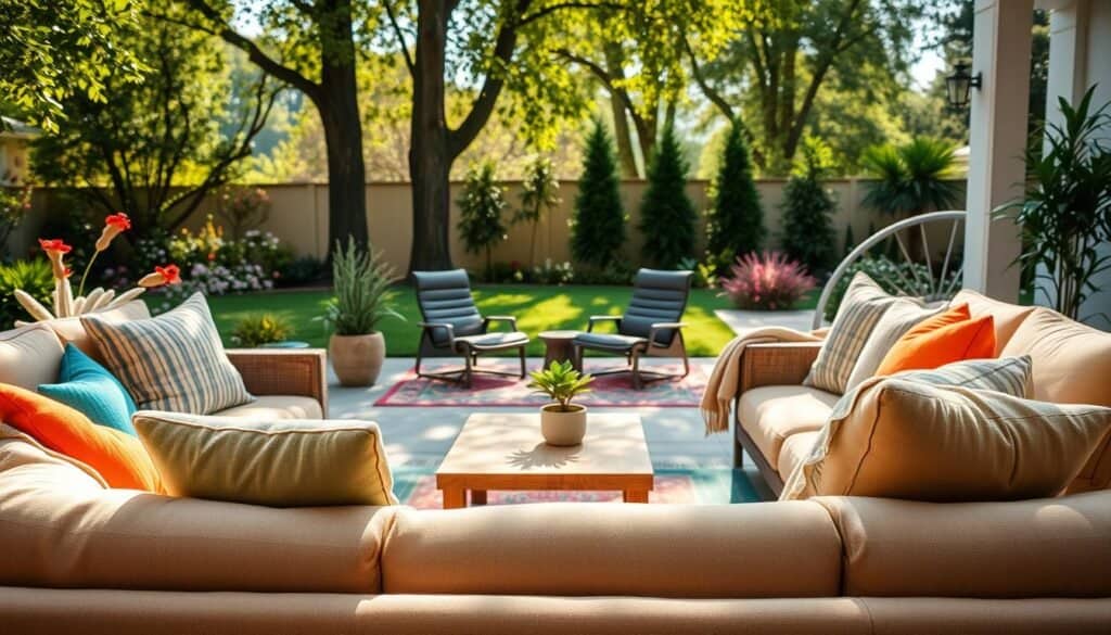 A beautifully arranged outdoor seating area showcasing comfortable furniture in a sunlit backyard. In the foreground, a plush, inviting sectional sofa adorned with soft, colorful cushions, a cozy throw blanket draped over the armrest. A stylish coffee table made of natural wood sits nearby, decorated with a small potted plant for a touch of greenery. In the middle ground, a couple of modern lounge chairs with ergonomic designs surrounded by a vibrant rug on the patio. In the background, a lush garden with blooming flowers and tall trees, framed by soft sunlight filtering through leaves, creating a peaceful and relaxed atmosphere. The scene captures a sense of tranquility and comfort, emphasizing the importance of inviting and cozy outdoor furniture.