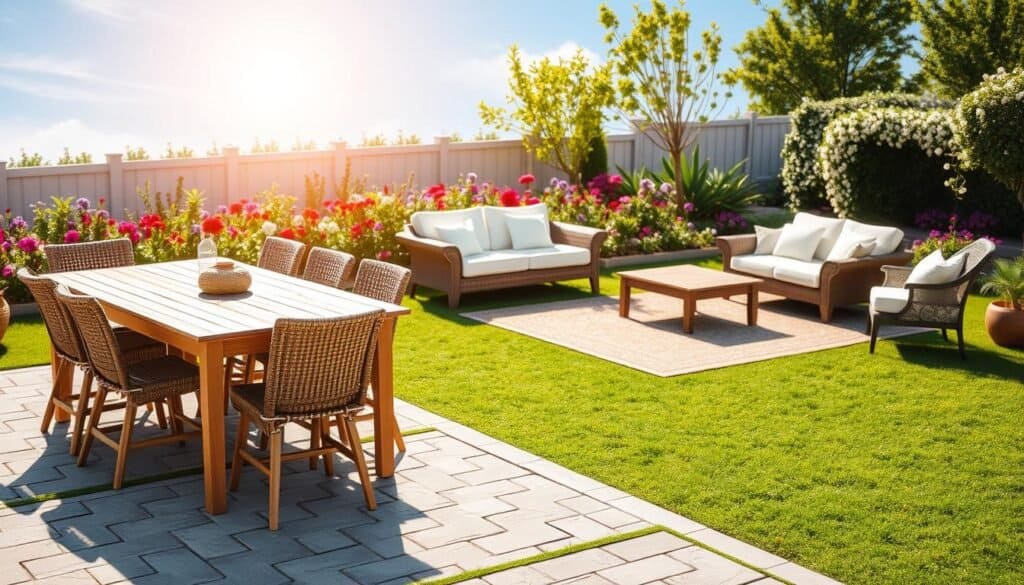 A beautifully arranged outdoor seating area showcasing various types of stable outdoor furniture on different ground surfaces. In the foreground, a sturdy wooden dining table surrounded by comfortable wicker chairs, all placed on a well-maintained patio made of interlocking stones. In the middle, a soft area rug anchors a cozy lounge set, complete with plush cushions, situated on a lush green lawn. In the background, a flower garden softly blurred to showcase a clear blue sky with warm sunlight filtering through. The scene captures a sense of tranquility and comfort, highlighting the importance of stable seating placement. Utilize bright, natural lighting to enhance the atmosphere, with a soft focus effect lending a peaceful feel to the setup. Ideal angle is a slightly elevated perspective to capture the entire arrangement harmoniously.