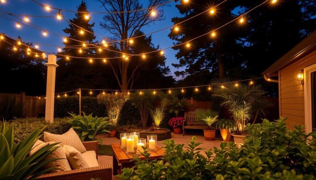 A beautifully arranged outdoor space featuring glowing string lights elegantly strung above, casting a warm and inviting ambiance. In the foreground, lush greenery surrounds a cozy seating area, with comfortable cushions and a rustic wooden table adorned with candles. In the middle ground, vibrant potted plants and a small water feature reflect the soft glow of the lights, enhancing the tranquil atmosphere. The background is filled with towering trees and a twilight sky, showcasing hints of stars. The lighting is soft and natural, capturing the essence of a serene evening outdoors. The scene is designed to evoke a sense of relaxation and comfort, perfect for enjoying time in the backyard.