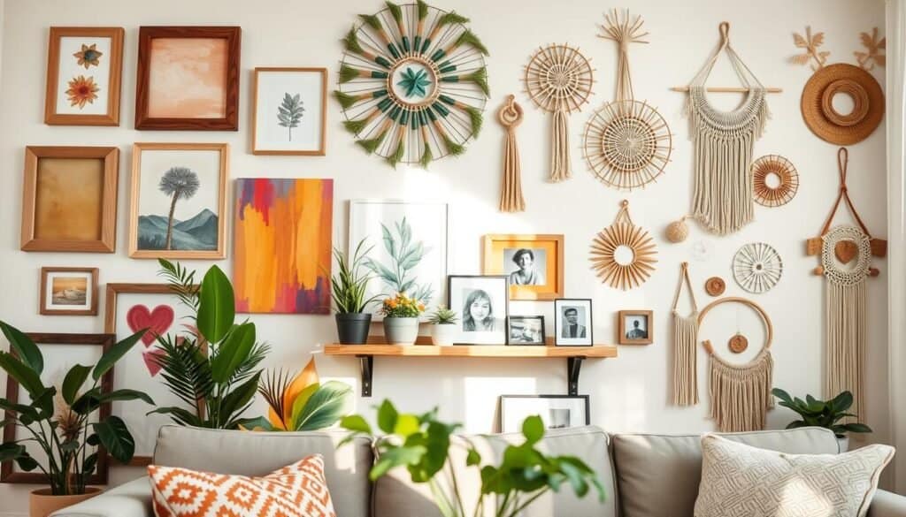 A beautifully arranged scene of DIY wall decor in a cozy living room setting. In the foreground, an assortment of handmade wall art pieces, including wooden frames, vibrant, hand-painted canvases, and macramé hangings, display creativity and personal style. In the middle, a stylish wooden shelf holds potted plants and framed photographs, enhancing the homely atmosphere. The background features a light-colored wall adorned with more DIY decorations, bathed in soft, natural sunlight streaming through a window, giving a warm and inviting glow. The mood is cheerful and inspiring, inviting viewers to explore budget-friendly creativity in home decor. The image is sharp and well-composed, capturing every detail with a realistic focus, ideal for showcasing the beauty of simple DIY projects.