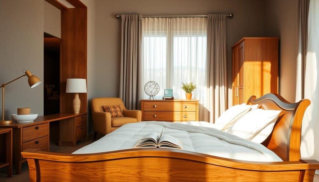 A beautifully arranged serene bedroom featuring elegant wooden furniture. In the foreground, a stylish wooden bed frame made of rich oak, complemented by soft cream bedding and decorative pillows. A wooden bedside table with a sleek lamp sits on one side, while a cozy armchair in warm tones invites relaxation. In the middle, a wooden dresser displays a few carefully placed decorative items, including a small potted plant and an open book. The background showcases a window with sheer curtains, allowing bright, soft natural light to filter in, illuminating the entire scene. The atmosphere is tranquil and peaceful, with an airy feel throughout the room. The angle captures the entire setup, emphasizing the harmony of wood and soft textures in the space.