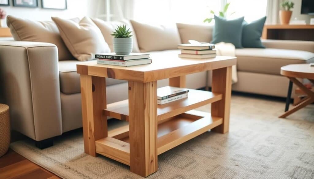 A beautifully crafted DIY couch side table made from 2x4 lumber, showcasing a rustic design with clean lines and a natural wood finish. The table is placed beside a cozy, stylish sofa in a modern living room setting. In the foreground, you can see the table adorned with a small potted plant and a stack of books, emphasizing its functional use. The middle ground reveals the warm tones of the wooden table paired with the soft fabric of the couch, inviting a sense of comfort. In the background, a bright window allows soft sunlight to pour in, illuminating the space with a cheerful, airy atmosphere. Capture the scene with a slight overhead angle to highlight the craftsmanship of the table, evoking a sense of home and creativity.