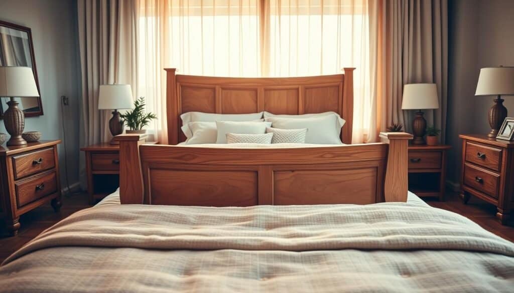 A beautifully crafted wooden bed frame sits as the focal point in a cozy, well-decorated bedroom. The bed frame features rich, natural wood grains, showcasing warm tones and intricate details that highlight its artisanal craftsmanship. In the foreground, plush bedding in soft, neutral colors is artfully arranged, inviting a sense of comfort. The middle of the scene captures the bed flanked by bedside tables with elegant lamps, while potted greenery adds a refreshing touch. In the background, warm sunlight filters through sheer curtains, casting soft shadows that enhance the room's tranquility. The overall atmosphere is serene and inviting, creating a timeless sanctuary. This cozy bedroom scene is captured from an eye-level angle, with bright, natural lighting illuminating the space, emphasizing the beauty of natural wood and design harmony.