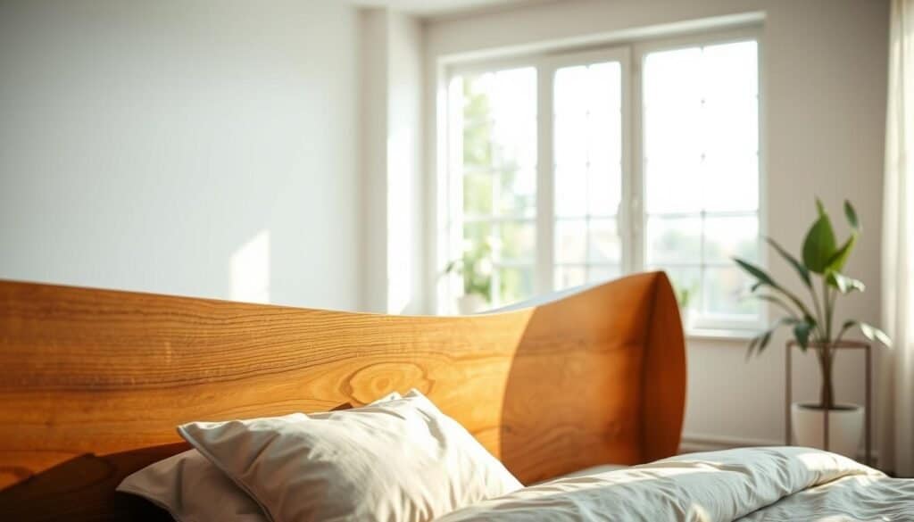 A beautifully crafted wooden bedroom headboard, emphasizing natural grain patterns and rich tones, occupies the foreground. The headboard is elegantly designed with a minimalist, yet warm aesthetic, showcasing gentle curves and smooth finishes. In the middle ground, a cozy bed adorned with soft, neutral-toned linens complements the headboard, inviting a sense of comfort. In the background, a softly lit, airy room with large windows allows bright natural light to filter in, casting a warm glow throughout the space. The atmosphere is serene and inviting, with hints of greenery peeking through the windows, creating a connection to nature. The overall mood is balanced and harmonious, perfect for a tranquil bedroom retreat.