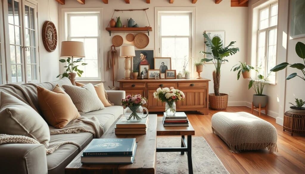 A beautifully curated living room showcasing authentic home decor, emphasizing natural and personal elements. In the foreground, a cozy, inviting couch draped with soft, textured blankets and decorative pillows in warm tones. On a rustic wooden coffee table, an arrangement of fresh flowers in a simple vase and a stack of well-loved books. The middle ground features a vintage sideboard displaying framed family photos and artisanal crafts, infused with personal touches. The background reveals large windows allowing bright, soft sunlight to stream in, illuminating the space and creating a warm, airy atmosphere. Wooden flooring complements the overall organic feel, while indoor plants add a touch of nature. The angle captures the inviting openness of the room, reflecting a genuine lifestyle rather than a staged display.