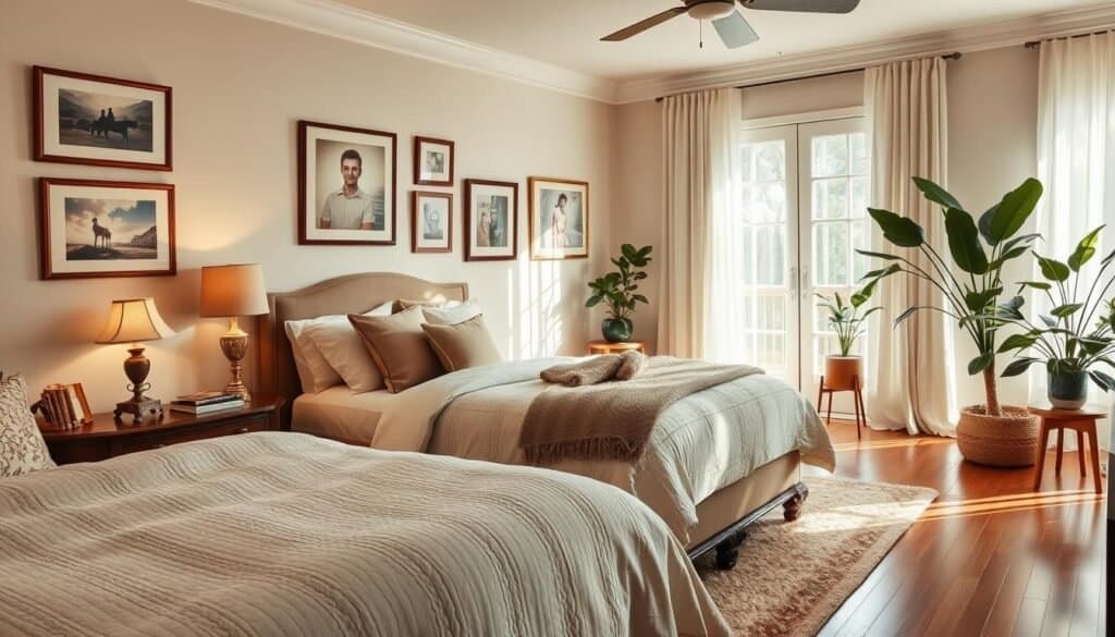 A beautifully decorated bedroom showcasing timeless elegance and personal touches that reflect individuality. In the foreground, a well-made, plush bed adorned with a cozy quilt and an array of decorative pillows in soft, muted tones. On the bedside table, a vintage lamp casts warm, inviting light. The middle ground features tasteful artwork and framed photographs hung on soft, neutral-colored walls, adding a sense of personality and warmth. A plush area rug lies beneath, complementing the hardwood flooring. In the background, large windows let in bright, airy natural light, with sheer curtains gently swaying, creating a serene atmosphere. Soft sunlight highlights wooden accents and houseplants that bring life into the space. The overall mood is cozy and welcoming, perfect for a timeless bedroom design.