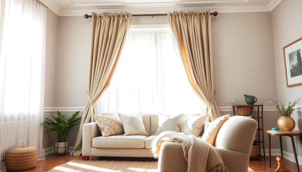 A beautifully decorated room showcasing the integration of blackout liners into window treatments. In the foreground, elegant, lush curtains adorned with drapery hooks frame a window letting in soft, natural light, creating a cozy ambiance. The middle ground features a stylish and comfortable seating area with plush throw pillows and a warm, textured rug, adding to the sense of comfort. In the background, subtly painted walls complement the overall decor, casting a serene vibe. The sunlight filters through the blackout liners, providing a balanced illuminating effect. Use a wide-angle lens to capture the entire scene, enhancing the airy feel. The setting exudes a relaxing, inviting atmosphere, ideal for a DIY textile and soft furnishing upgrade.