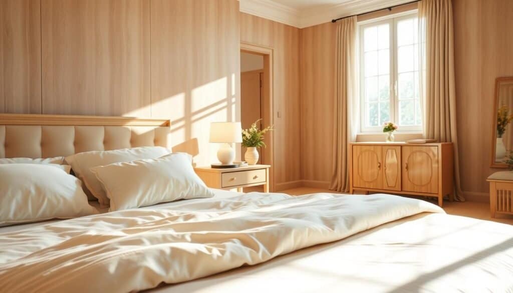 A beautifully designed airy bedroom featuring elegant, light wood furniture that evokes a sense of warmth and openness. The foreground showcases a plush, inviting bed adorned with soft pastel linens and fluffy pillows. In the middle, an airy nightstand holds a simple vase of fresh flowers and a softly glowing lamp, while a stylish dresser complements the space with its minimalist design. The background includes a large window allowing bright, natural light to wash over the room, highlighting the delicate textures of the furniture. Soft sunlight creates a warm, inviting atmosphere, enhancing the serenity of the space. The overall mood is tranquil and comforting, perfect for an inviting yet light-filled sanctuary.