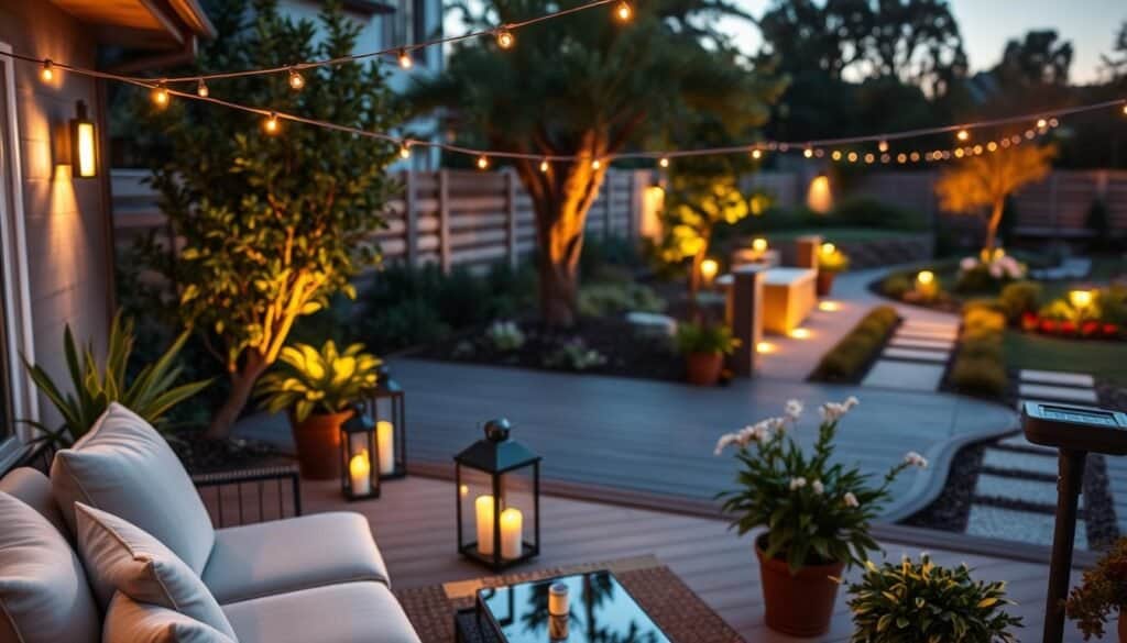 A beautifully designed backyard at dusk, focusing on outdoor lighting that creates a cozy and inviting atmosphere. In the foreground, elegantly styled patio furniture with soft cushions sits beneath a subtle string of warm fairy lights. The middle ground features a wooden deck illuminated by tasteful lanterns casting gentle shadows, surrounded by vibrant potted plants. In the background, a serene garden with softly glowing solar path lights leads the eye toward a charmingly landscaped area, enhancing the sense of depth. The scene is bathed in soft, golden sunlight as the day transitions into night, evoking a calm, relaxing mood. The lighting appears functional yet decorative, showcasing how thoughtful illumination can enhance outdoor spaces.